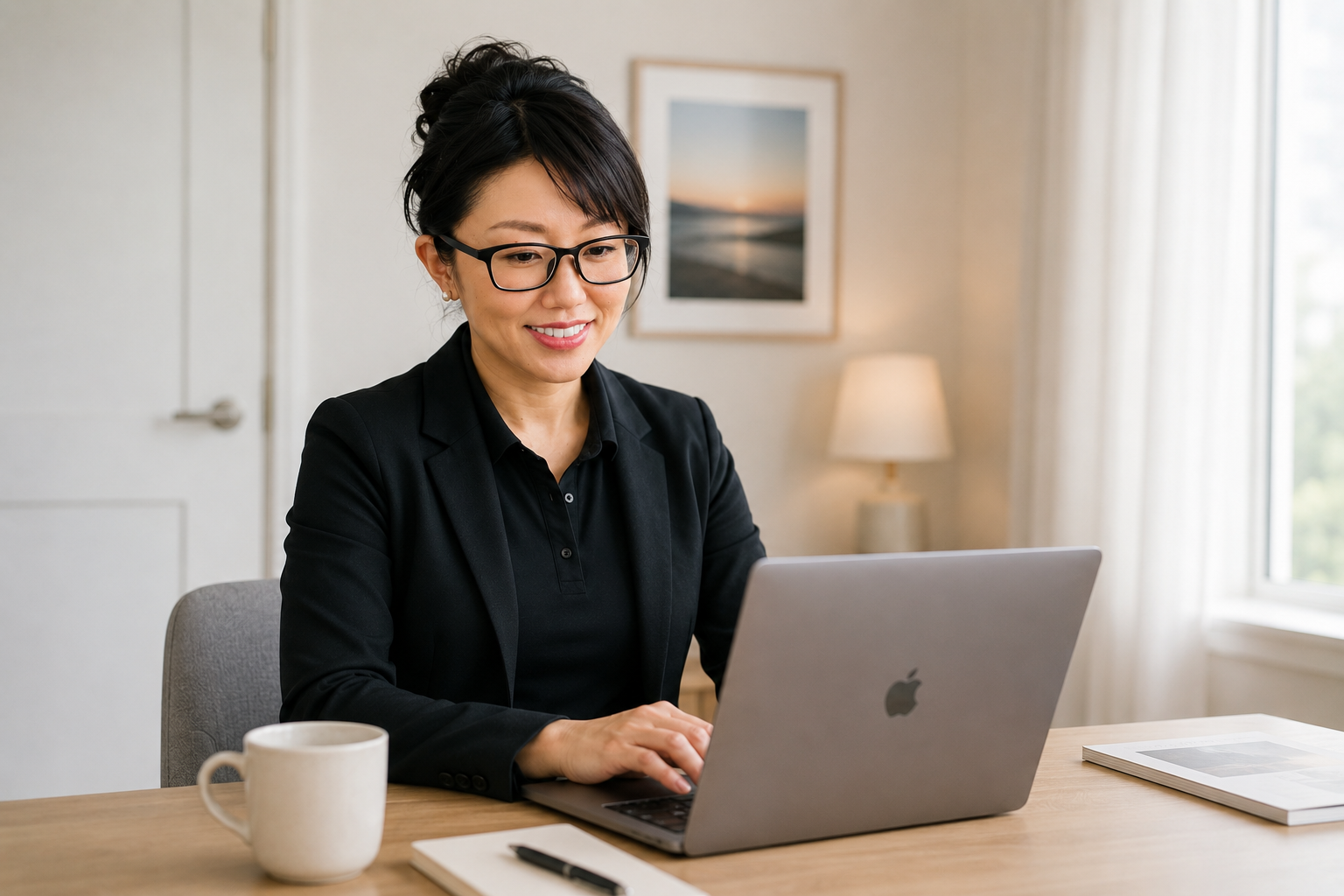 Michiko responding to enquiries from a laptop in a calm home setting
