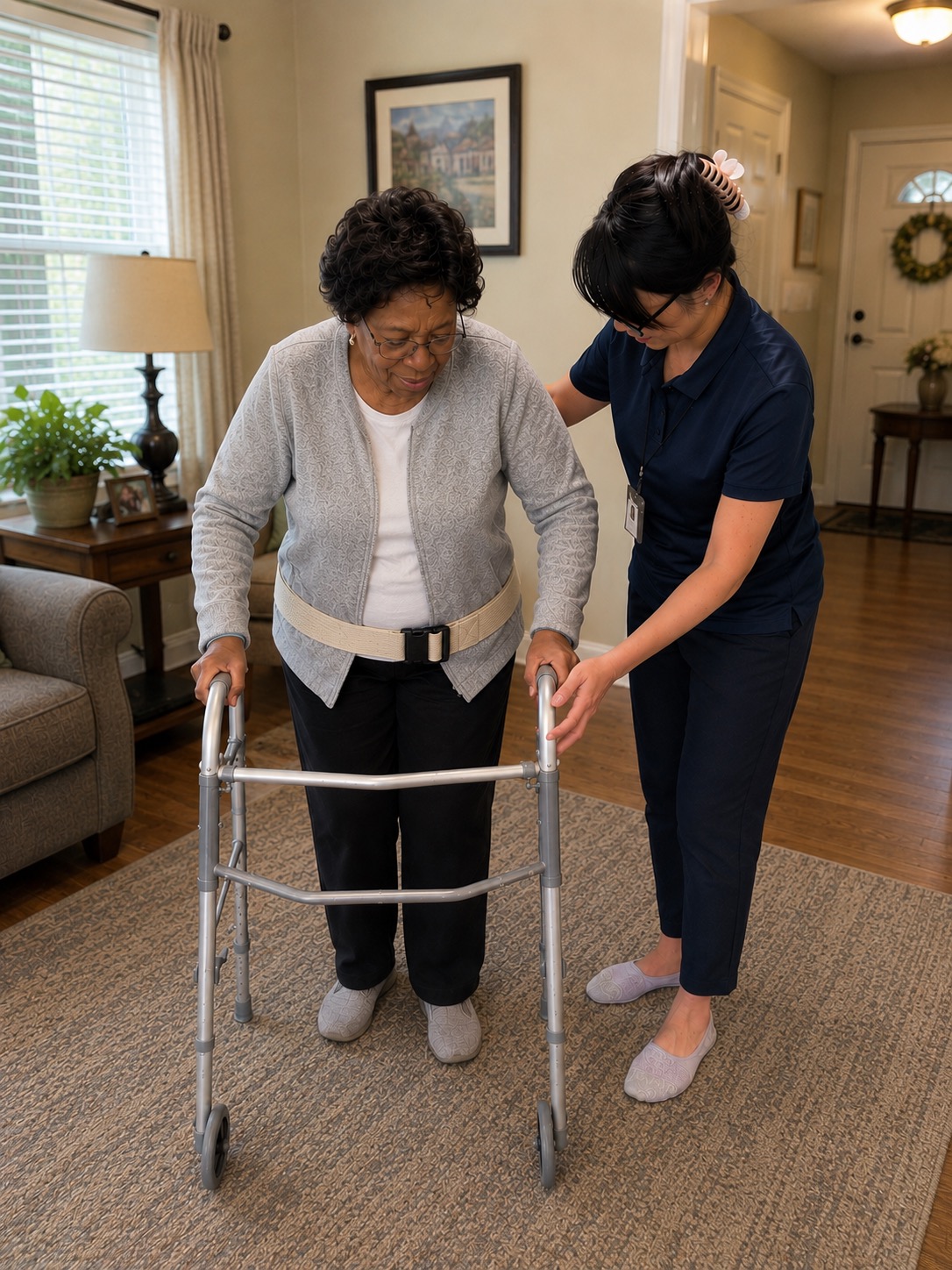 Michiko supporting a senior patient during balance training at home