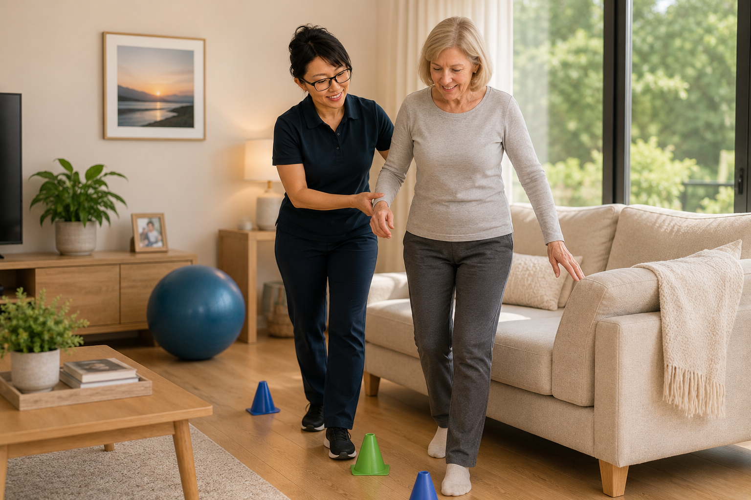 A physiotherapist supporting an older adult during walking practice at home